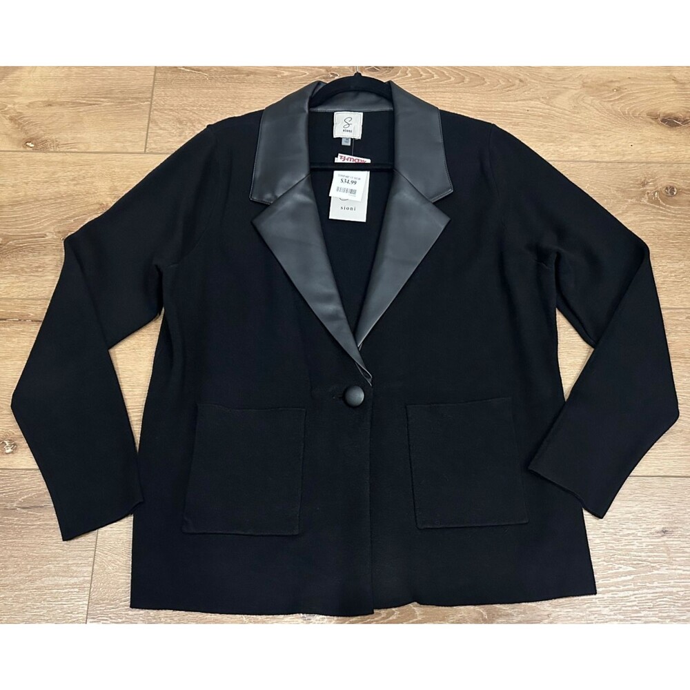 Women's Sioni Black Sweater Blazer Cardigan with Faux Leather Accents XL NWT!